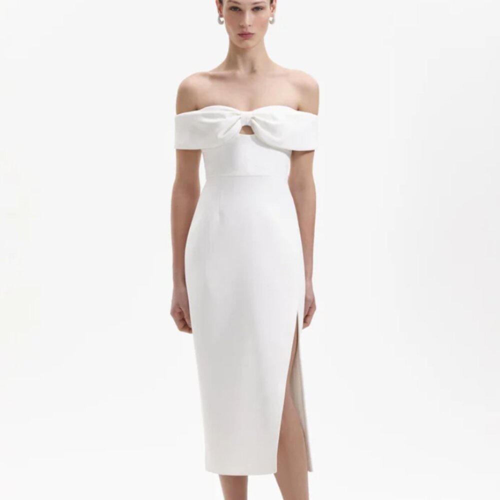 Self-Portrait White Crepe Bow Midi Dress